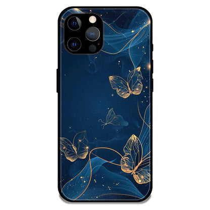 'Blue With Gold Butterflies - Glossy Metal Silicone Case For Apple iPhone 12 Pro