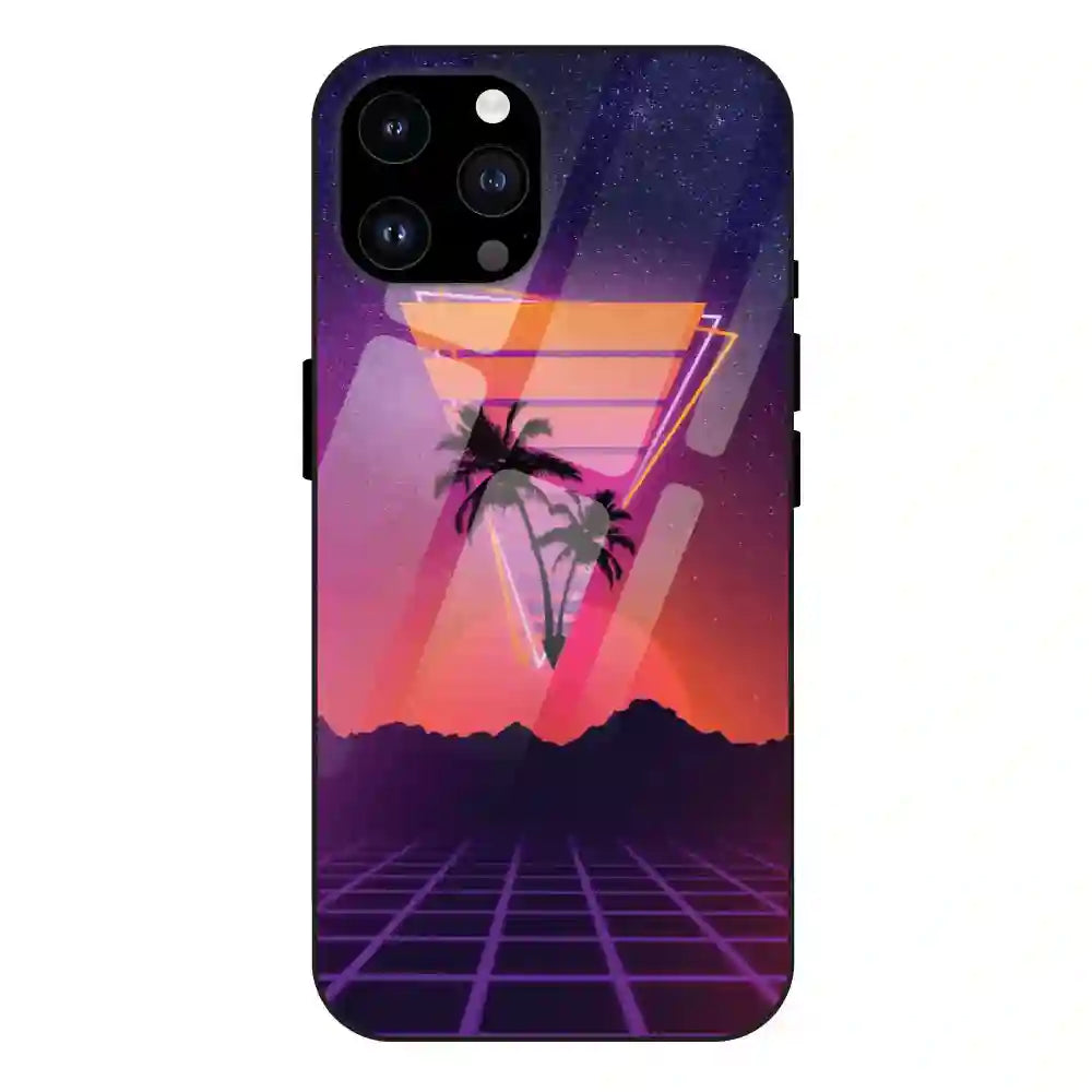 'Sunset Grid Synthwave - Glass Case For Apple iPhone 14 Pro