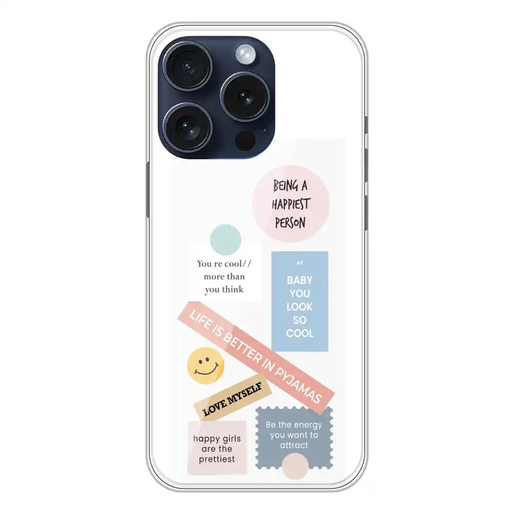 Be Happy - Clear Printed Silicone Case For Apple iPhone 15 Pro