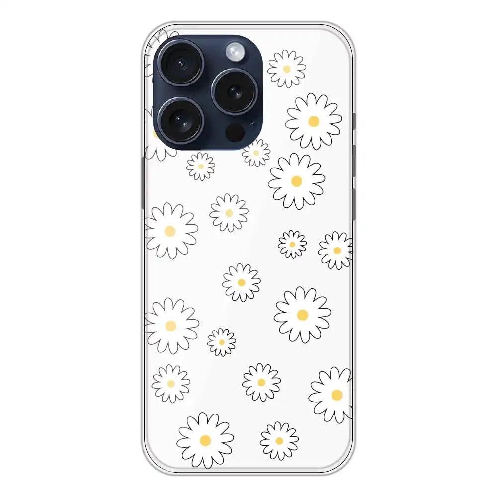 White Flowers - Clear Printed Silicone Case For Apple iPhone 15 Pro
