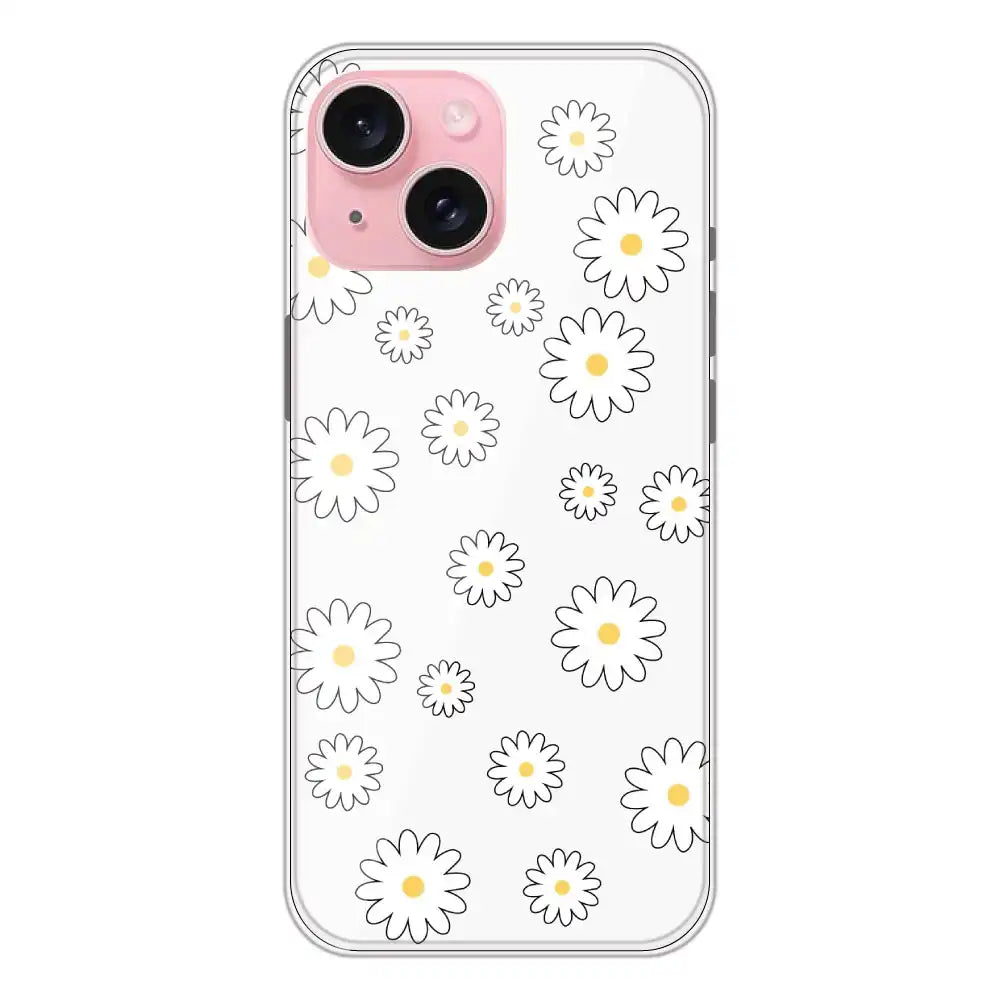 White Flowers - Clear Printed Silicone Case For Apple iPhone 15