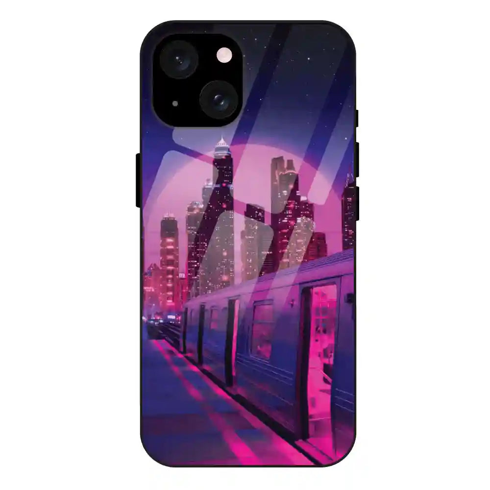 'Neon City Synthwave - Glass Case For Apple iPhone 15