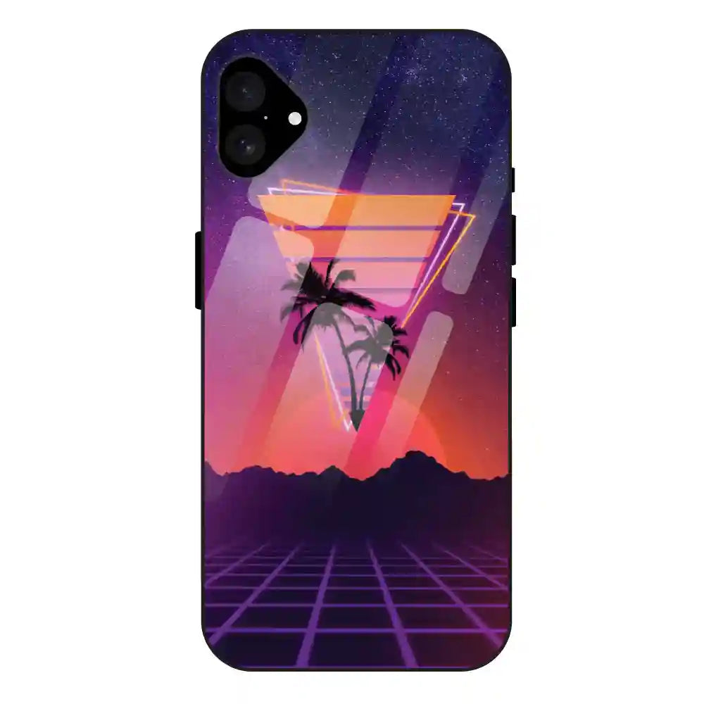 'Sunset Grid Synthwave - Glass Case For Apple iPhone 16 Plus