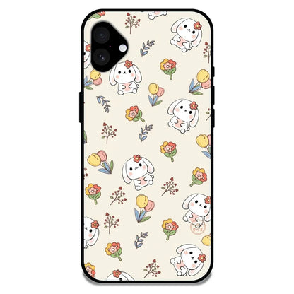 'Cute Bunny & Flowers - Glossy Metal Silicone Case For Apple iPhone 16 Plus