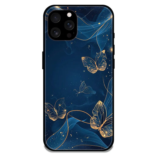 'Blue With Gold Butterflies - Glossy Metal Silicone Case For Apple iPhone 16 Pro Max