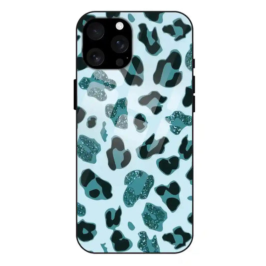 'Blue Leopard Glitter Print - Glass Case For Apple iPhone 16 Pro