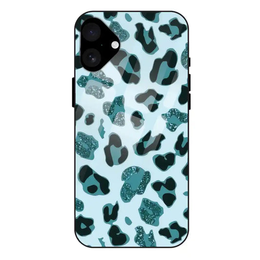 'Blue Leopard Glitter Print - Glass Case For Apple iPhone 16