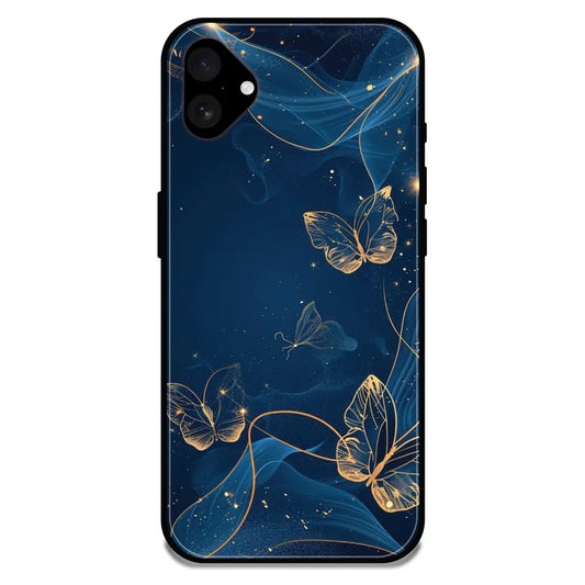 'Blue With Gold Butterflies - Glossy Metal Silicone Case For Apple iPhone 16