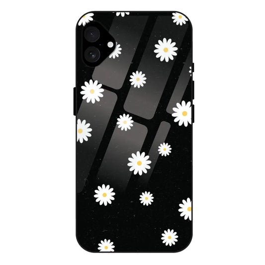 'White And Black Flower - Glossy Metal Silicone Case For Apple iPhone 16