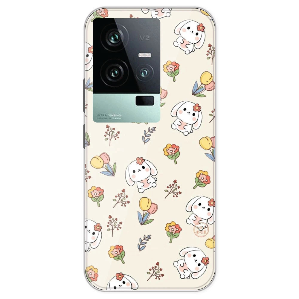 Cute Bunny And Flowers- Printed Silicone Case For IQOO 11