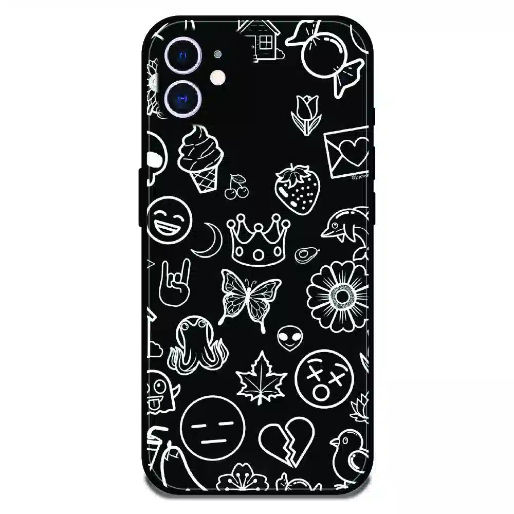 Black Doodle Icons Pattern - Glossy Metal Silicone Case For Apple iPhone 11