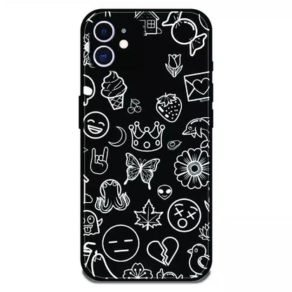 Black Doodle Icons Pattern - Glossy Metal Silicone Case For Apple iPhone 11
