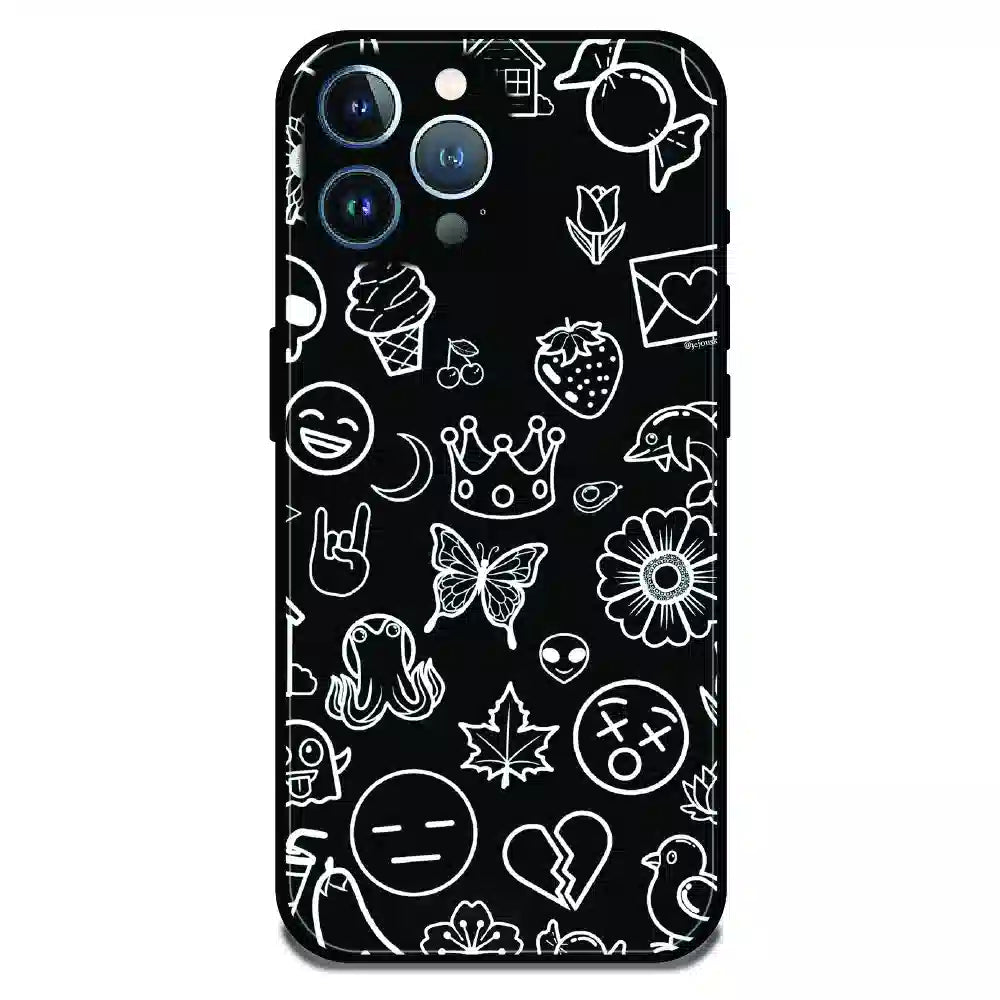 Black Doodle Icons Pattern - Glossy Metal Silicone Case For Apple iPhone 11 Pro