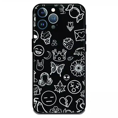 Black Doodle Icons Pattern - Glossy Metal Silicone Case For Apple iPhone 11 Pro