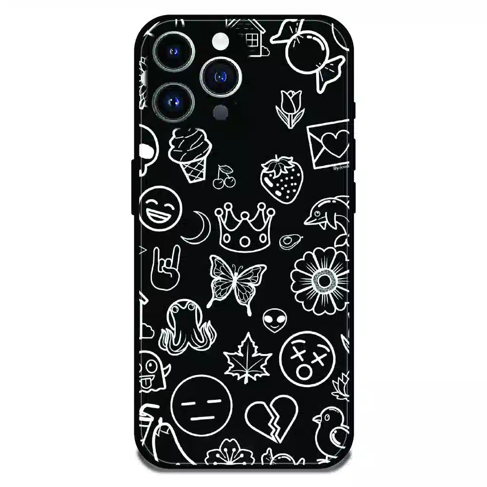 Black Doodle Icons Pattern - Glossy Metal Silicone Case For Apple iPhone 11 Pro Max