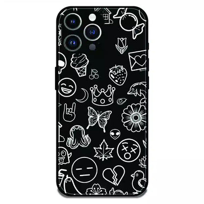 Black Doodle Icons Pattern - Glossy Metal Silicone Case For Apple iPhone 11 Pro Max