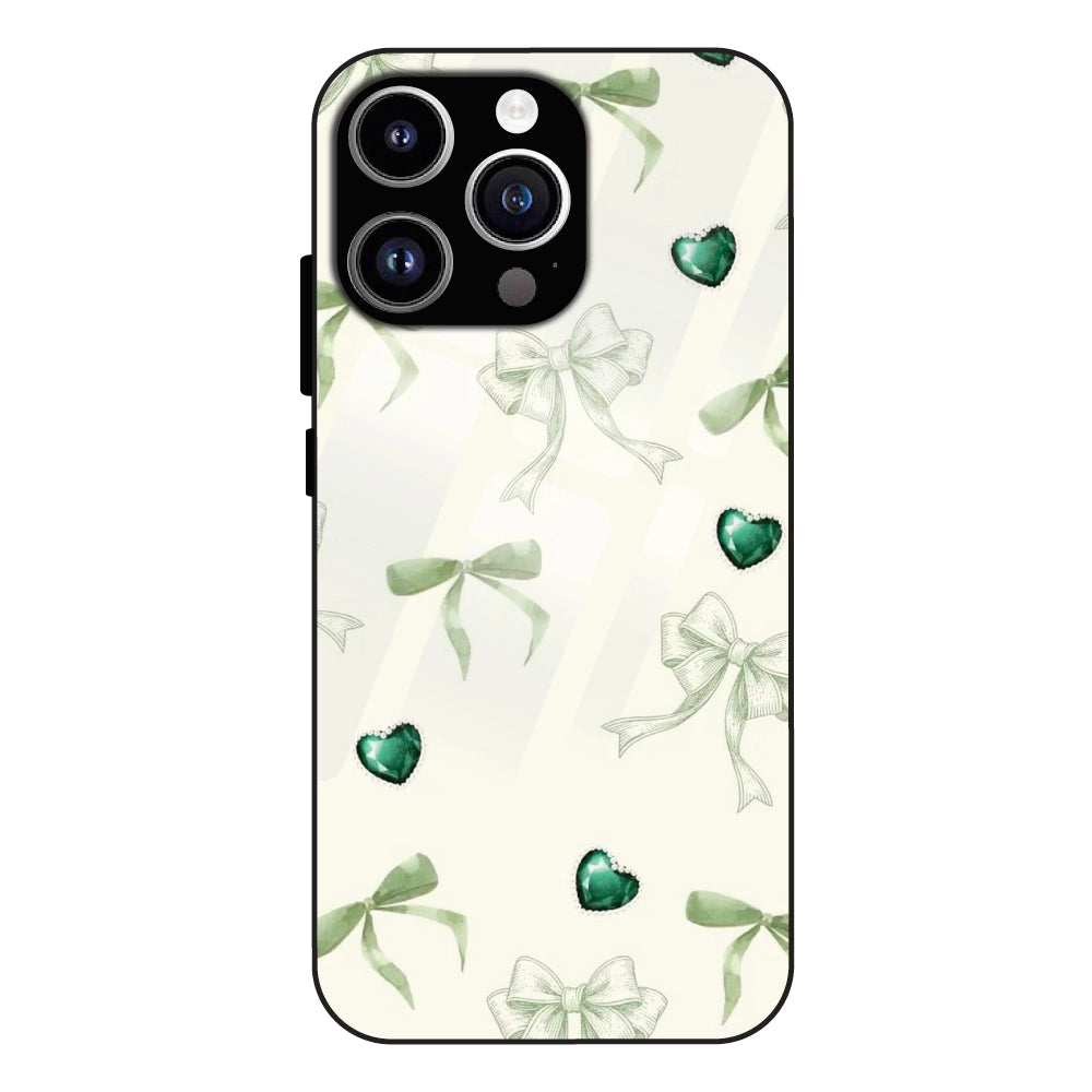 Elegant Green Bow & Heart Pattern - Glass Case For Apple iPhone 11 Pro