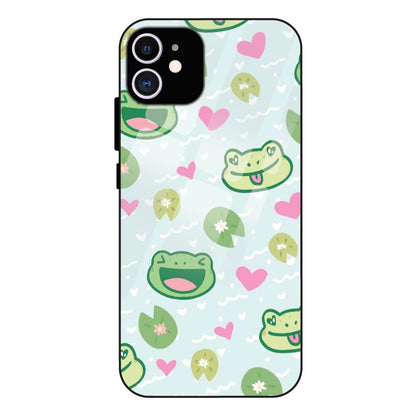 Cute Frog & Heart Pattern - Glass Case For Apple iPhone 11