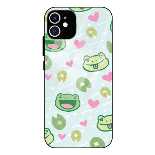 Cute Frog & Heart Pattern - Glass Case For Apple iPhone 11