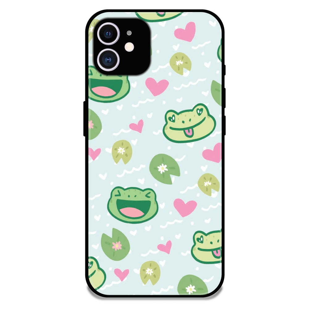 Cute Frog & Heart Pattern - Glossy Metal Silicone Case For Apple iPhone 11