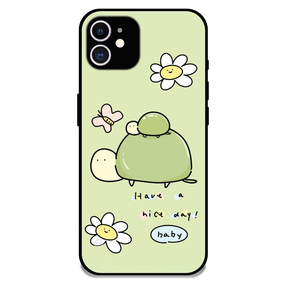 'Cute Turtle & Daisy “Have a Nice Day” - Glossy Metal Silicone Case For Apple iPhone 11