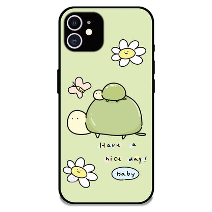 'Cute Turtle & Daisy “Have a Nice Day” - Glossy Metal Silicone Case For Apple iPhone 11