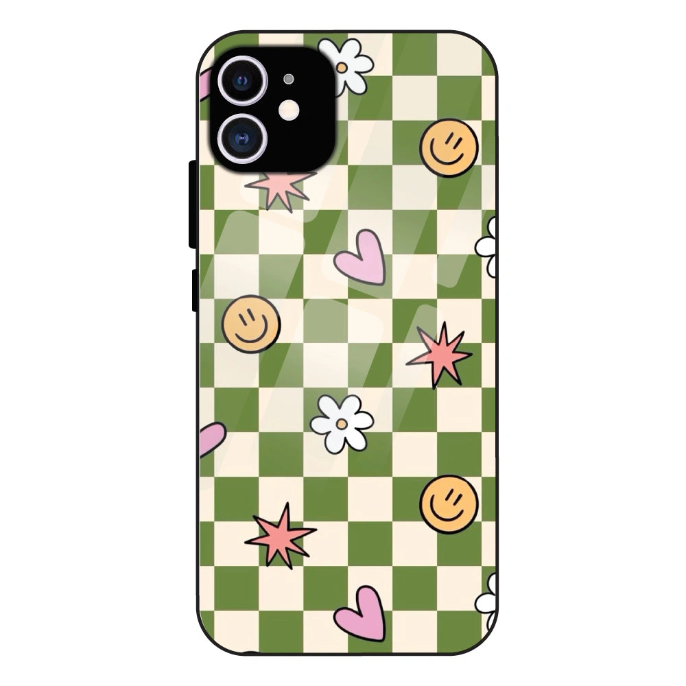 Checkerboard Smile Daisy Heart - Glass Case For Apple iPhone 11
