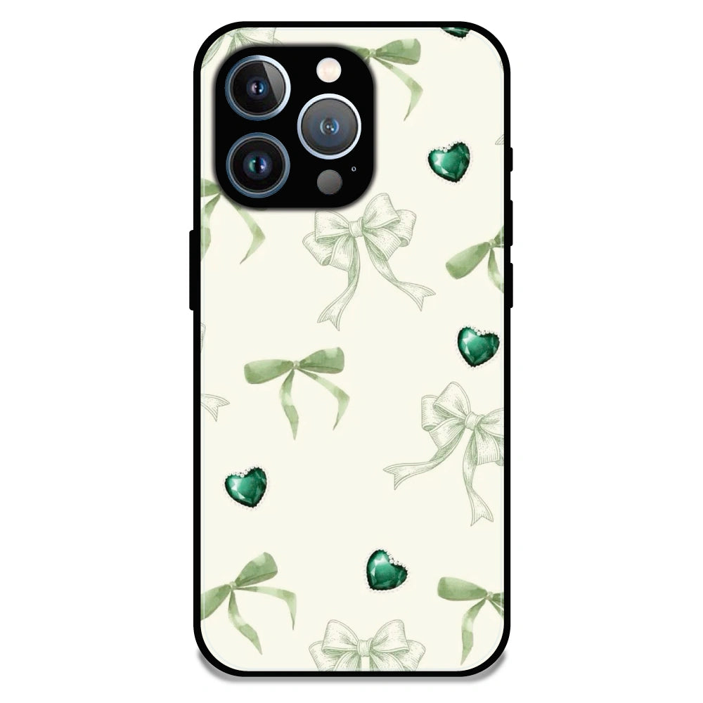 Elegant Green Bow & Heart Pattern - Glossy Metal Silicone Case For Apple iPhone 11 Pro Max