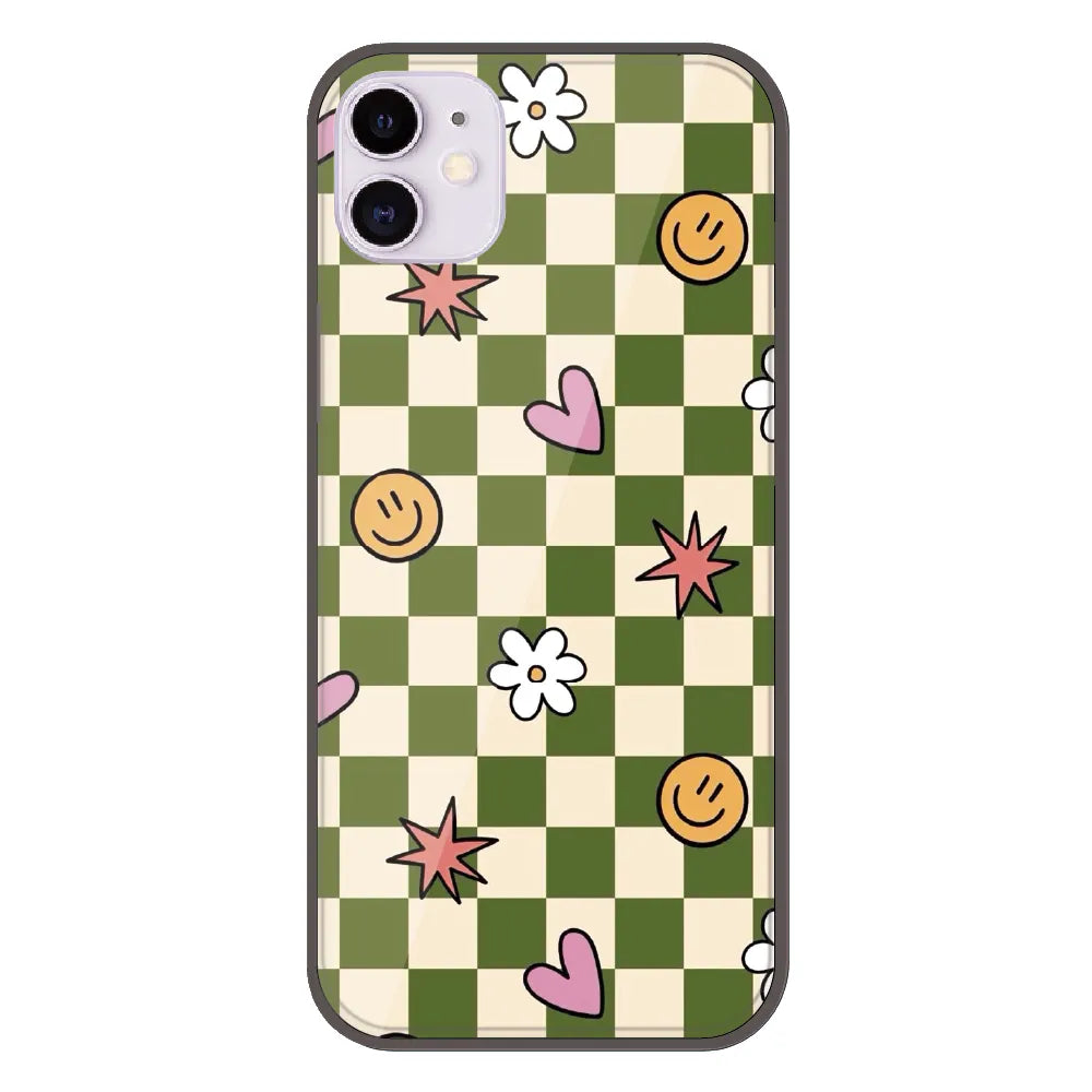 Checkerboard Smile Daisy Heart - Printed Silicone Case For Apple iPhone 11