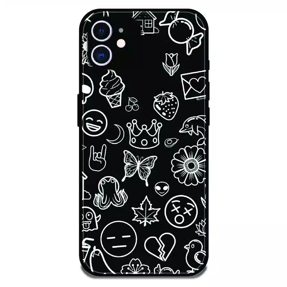 Black Doodle Icons Pattern - Glossy Metal Silicone Case For Apple iPhone 12