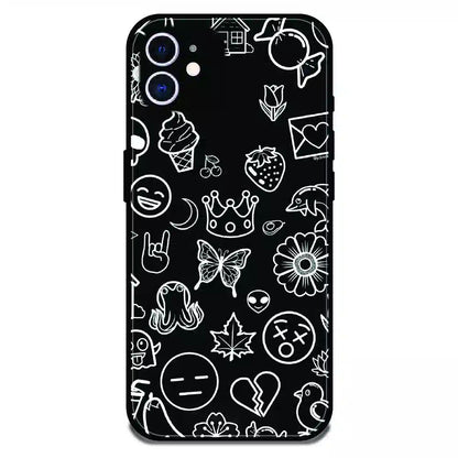 Black Doodle Icons Pattern - Glossy Metal Silicone Case For Apple iPhone 12