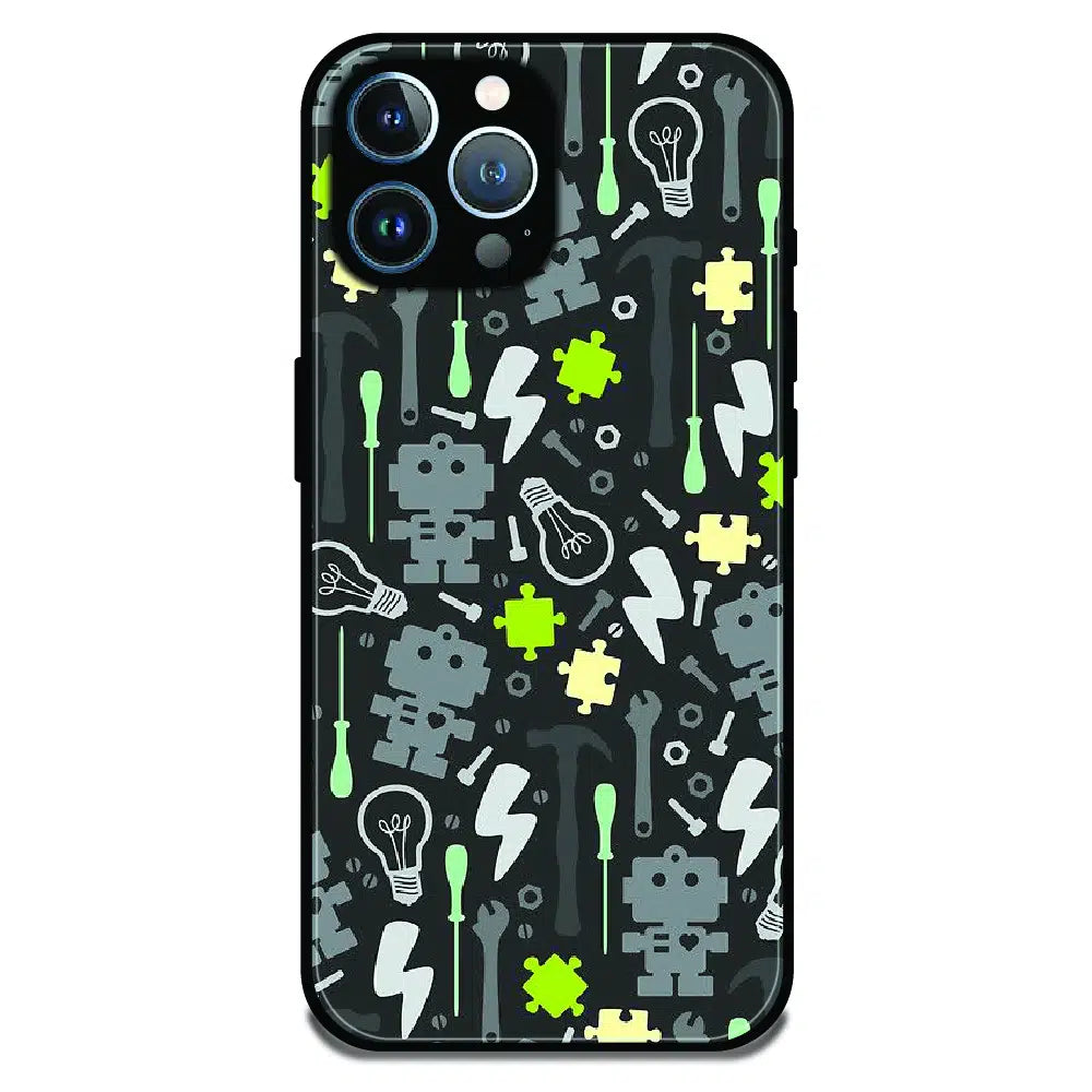 Robot Tools Pattern - Glossy Metal Silicone Case For Apple iPhone 12 Pro