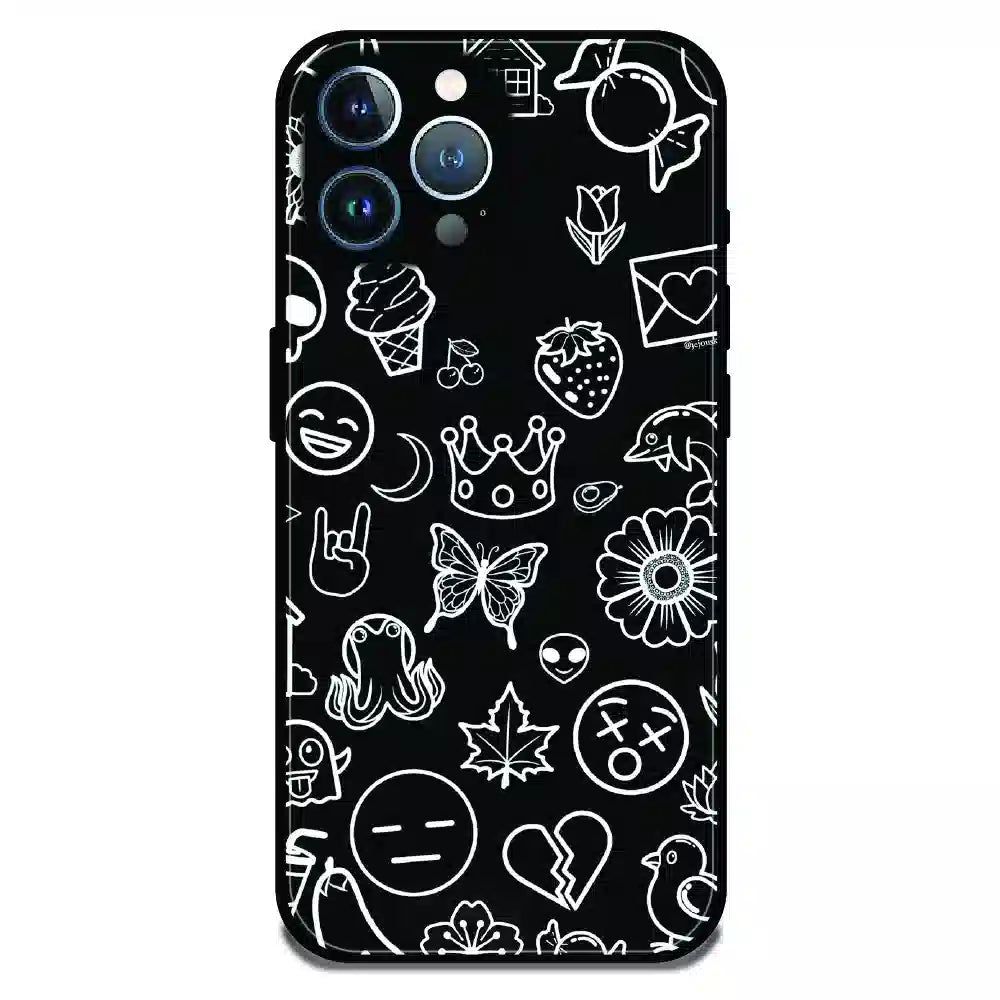 Black Doodle Icons Pattern - Glossy Metal Silicone Case For Apple iPhone 12 Pro