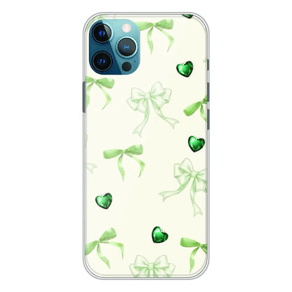 Elegant Green Bow & Heart Pattern - Printed Silicone Case For Apple iPhone 12 Pro