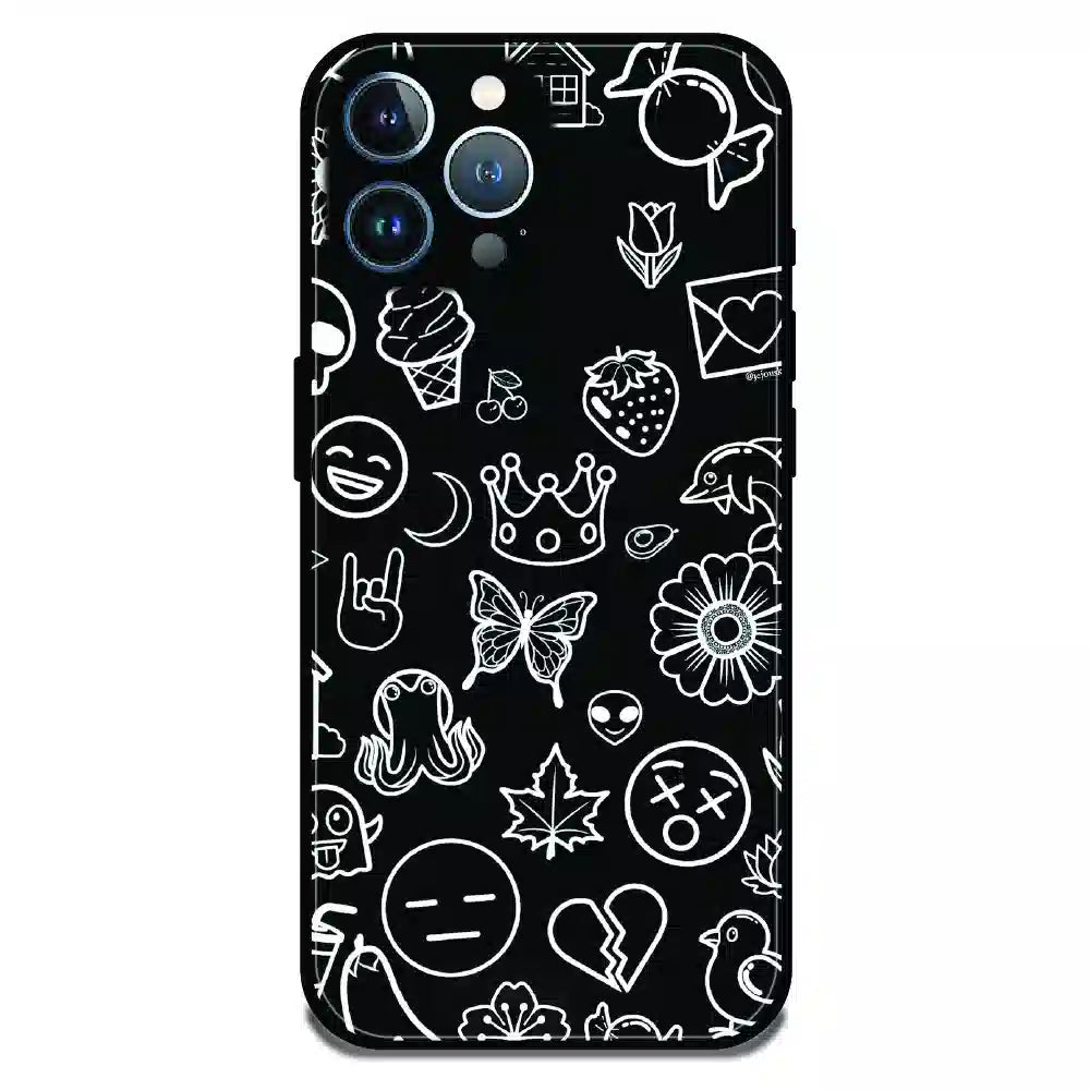 Black Doodle Icons Pattern - Glossy Metal Silicone Case For Apple iPhone 12 Pro Max