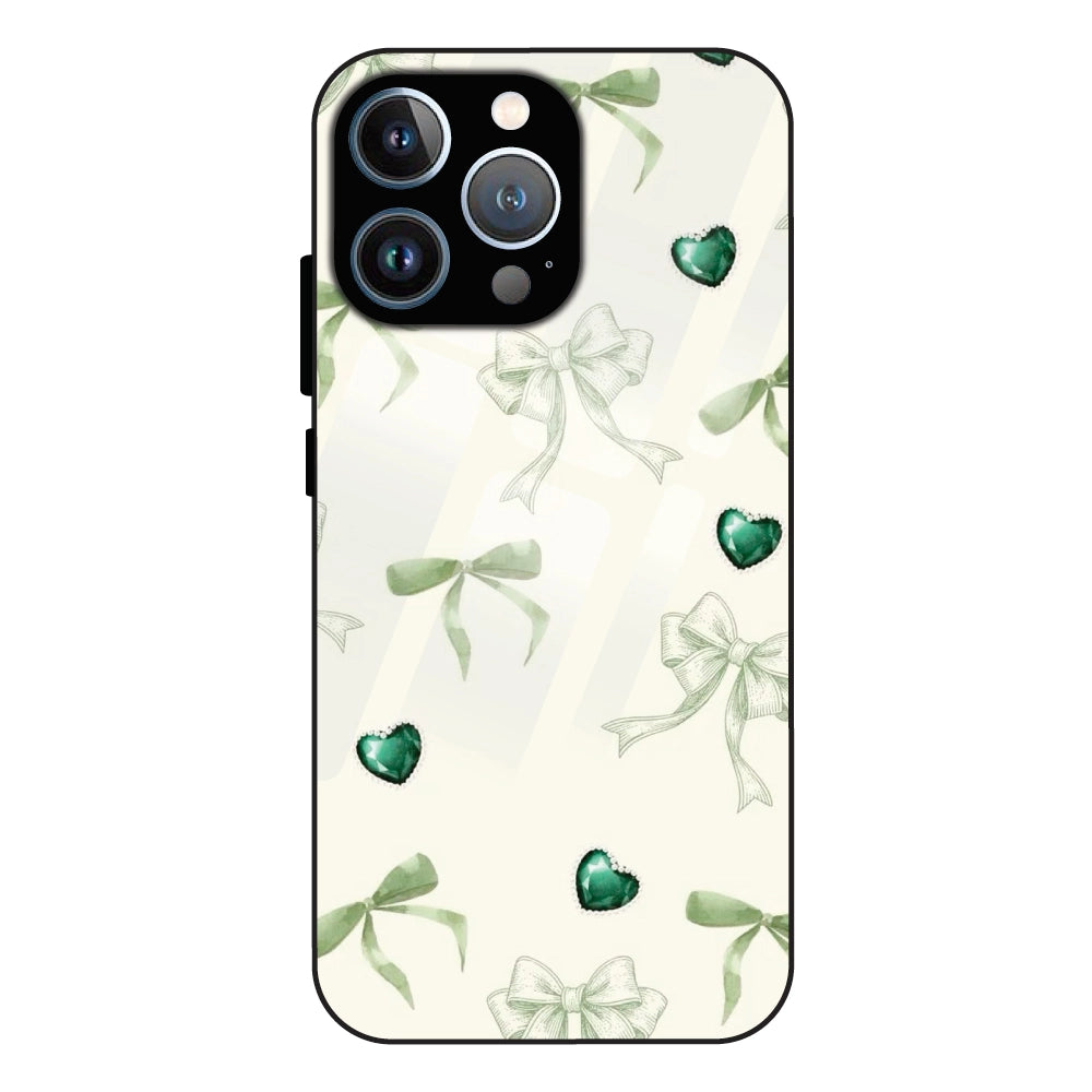 Elegant Green Bow & Heart Pattern - Glass Case For Apple iPhone 12 Pro