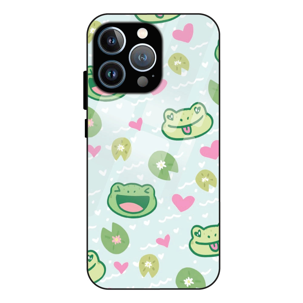 Cute Frog & Heart Pattern - Glass Case For Apple iPhone 12 Pro