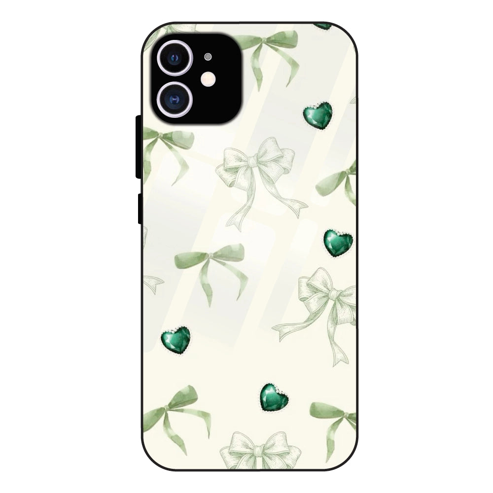 Elegant Green Bow & Heart Pattern - Glass Case For Apple iPhone 12
