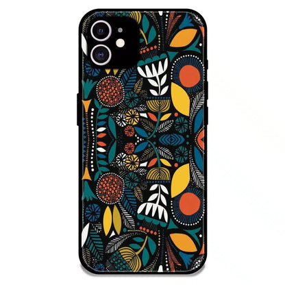 Folk Floral Night Garden - Glossy Metal Silicone Case For Apple iPhone 12