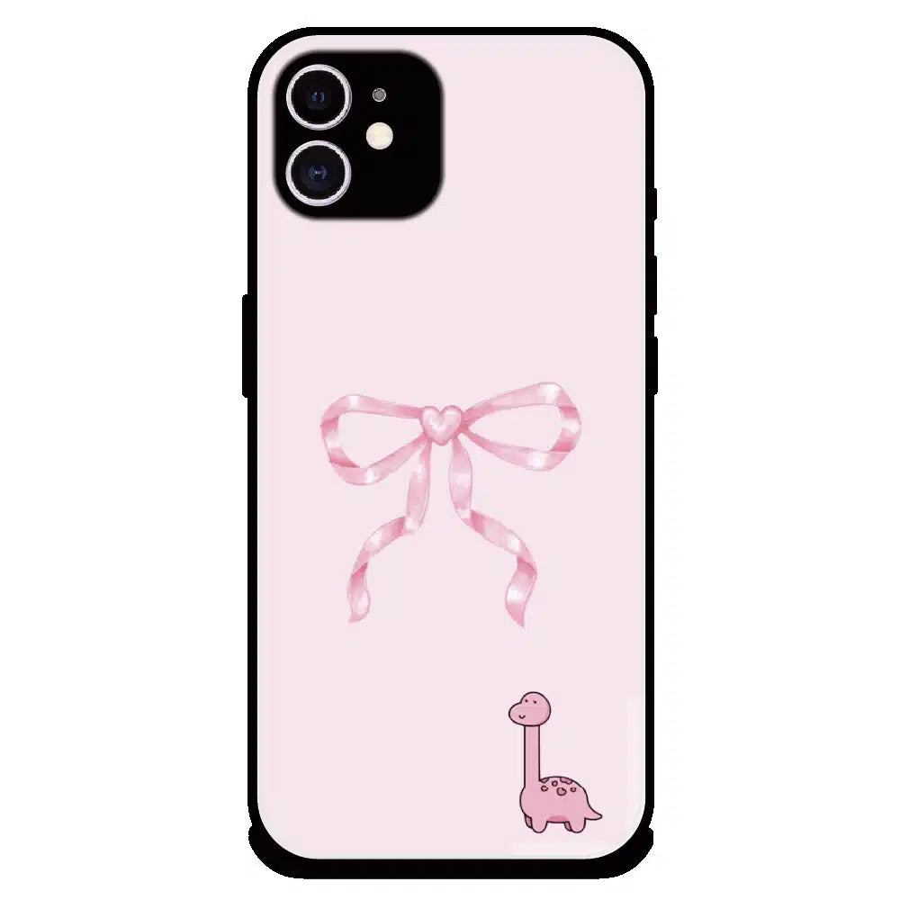 Cute Pink Dino Bow - Glossy Metal Silicone Case For Apple iPhone 12