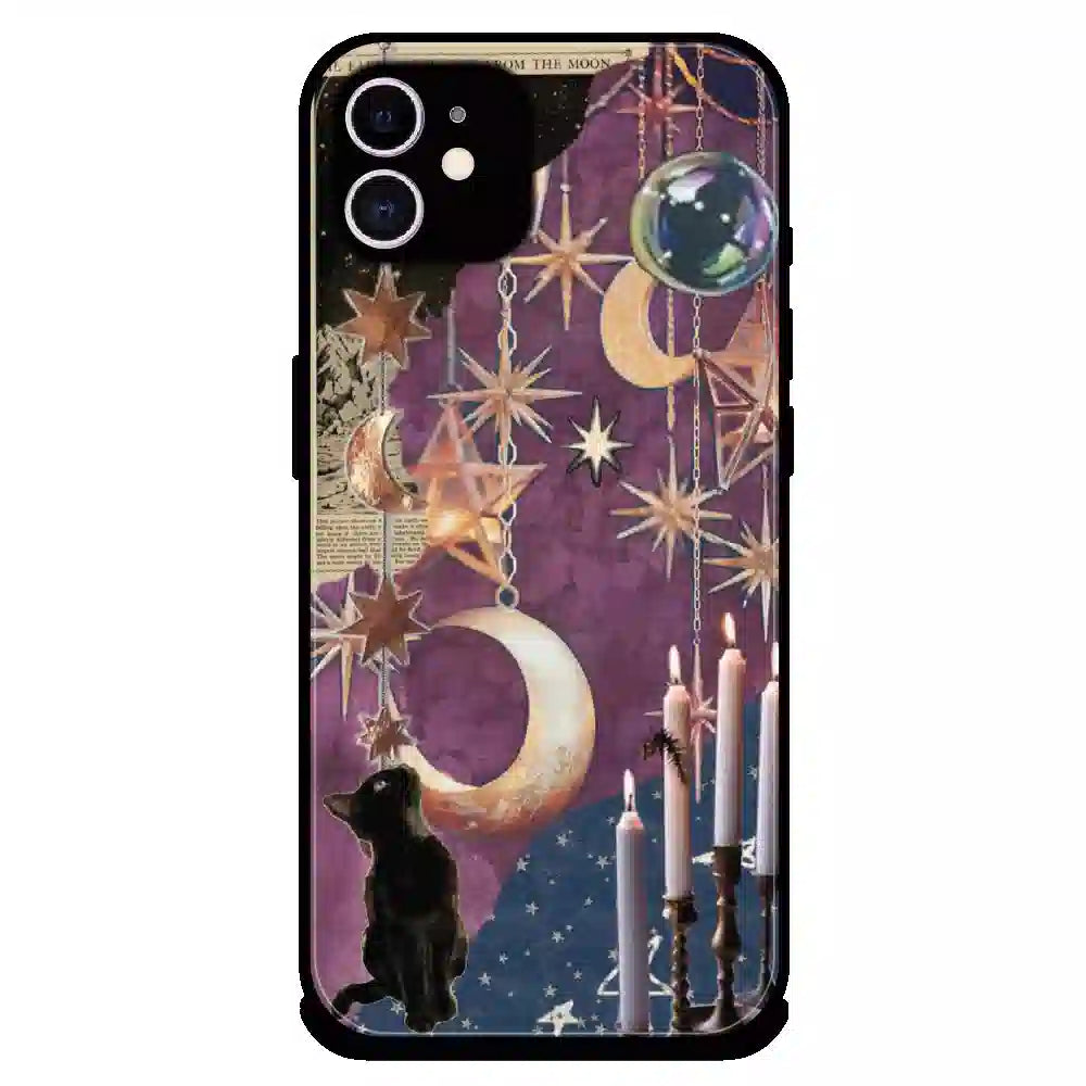 Celestial Moon Cat Art - Glossy Metal Silicone Case For Apple iPhone 12