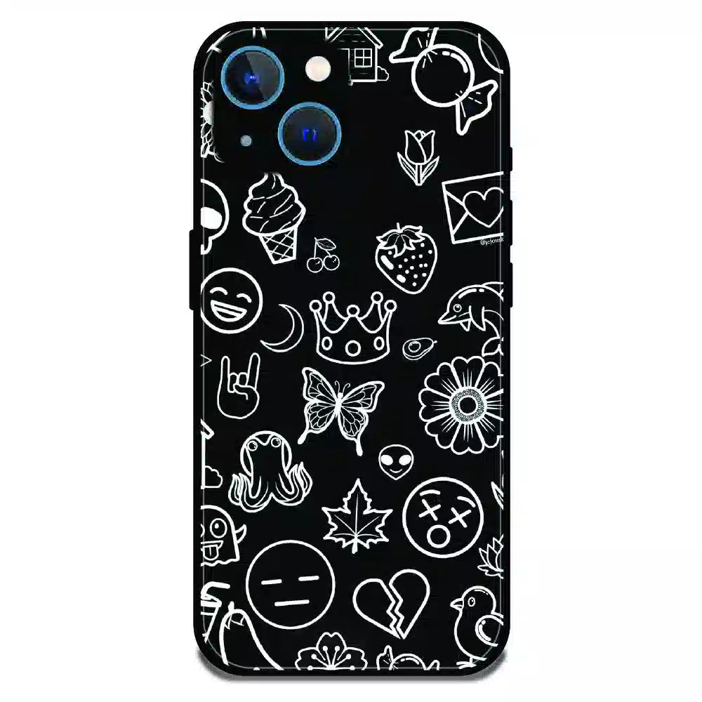 Black Doodle Icons Pattern - Glossy Metal Silicone Case For Apple iPhone 13