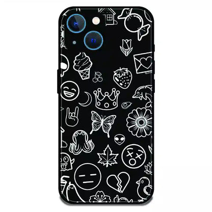 Black Doodle Icons Pattern - Glossy Metal Silicone Case For Apple iPhone 13