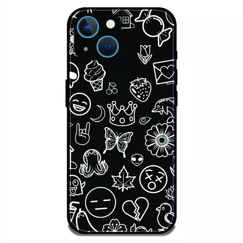 Black Doodle Icons Pattern - Glossy Metal Silicone Case For Apple iPhone 13 Mini