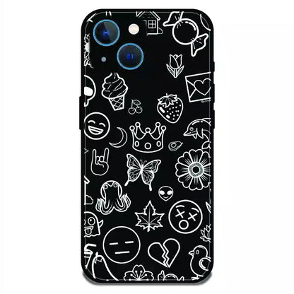 Black Doodle Icons Pattern - Glossy Metal Silicone Case For Apple iPhone 13 Mini