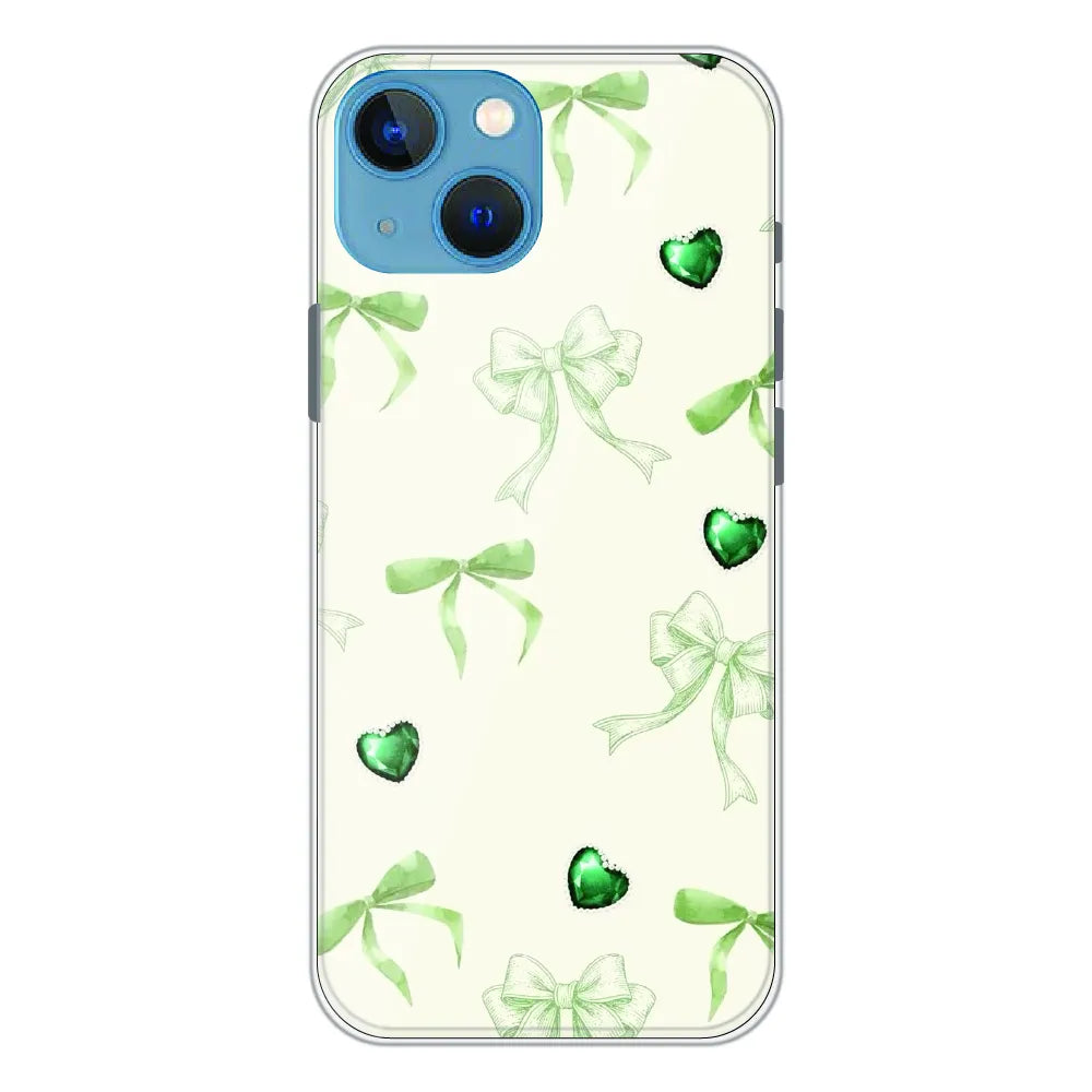Elegant Green Bow & Heart Pattern - Printed Silicone Case For Apple iPhone 13 Mini