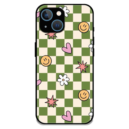 Checkerboard Smile Daisy Heart - Glossy Metal Silicone Case For Apple iPhone 13 Mini