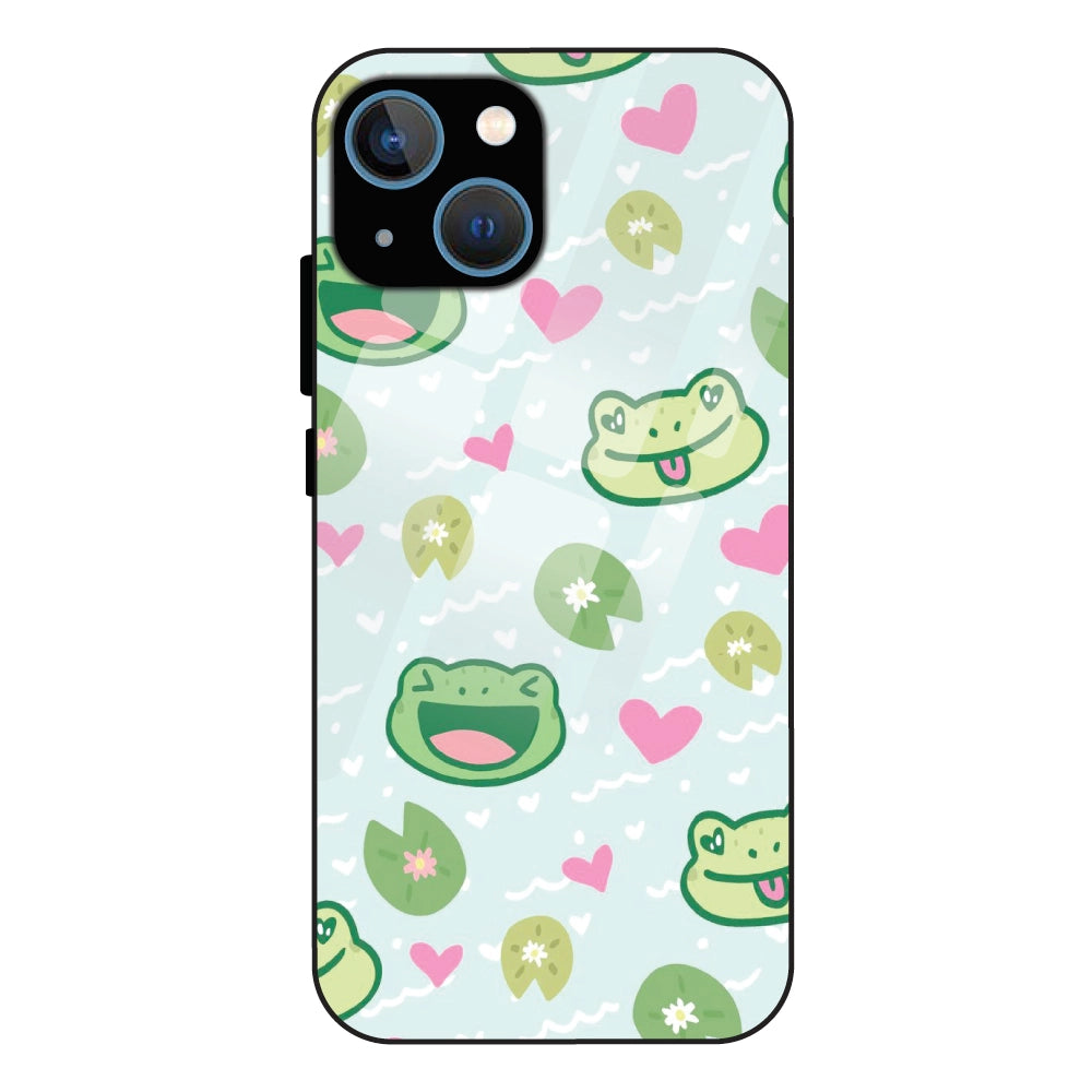Cute Frog & Heart Pattern - Glass Case For Apple iPhone 13 Mini