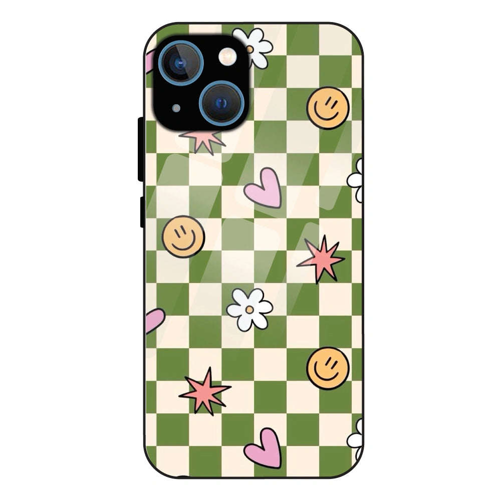 Checkerboard Smile Daisy Heart - Glass Case For Apple iPhone 13 Mini