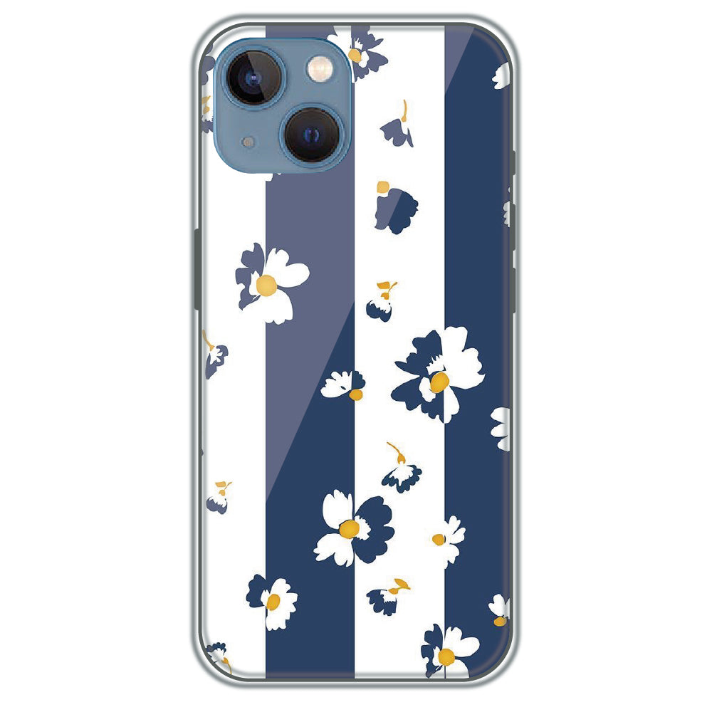 Blue Daisy Stripes - Printed Silicone Case for Apple iPhone 13 Mini